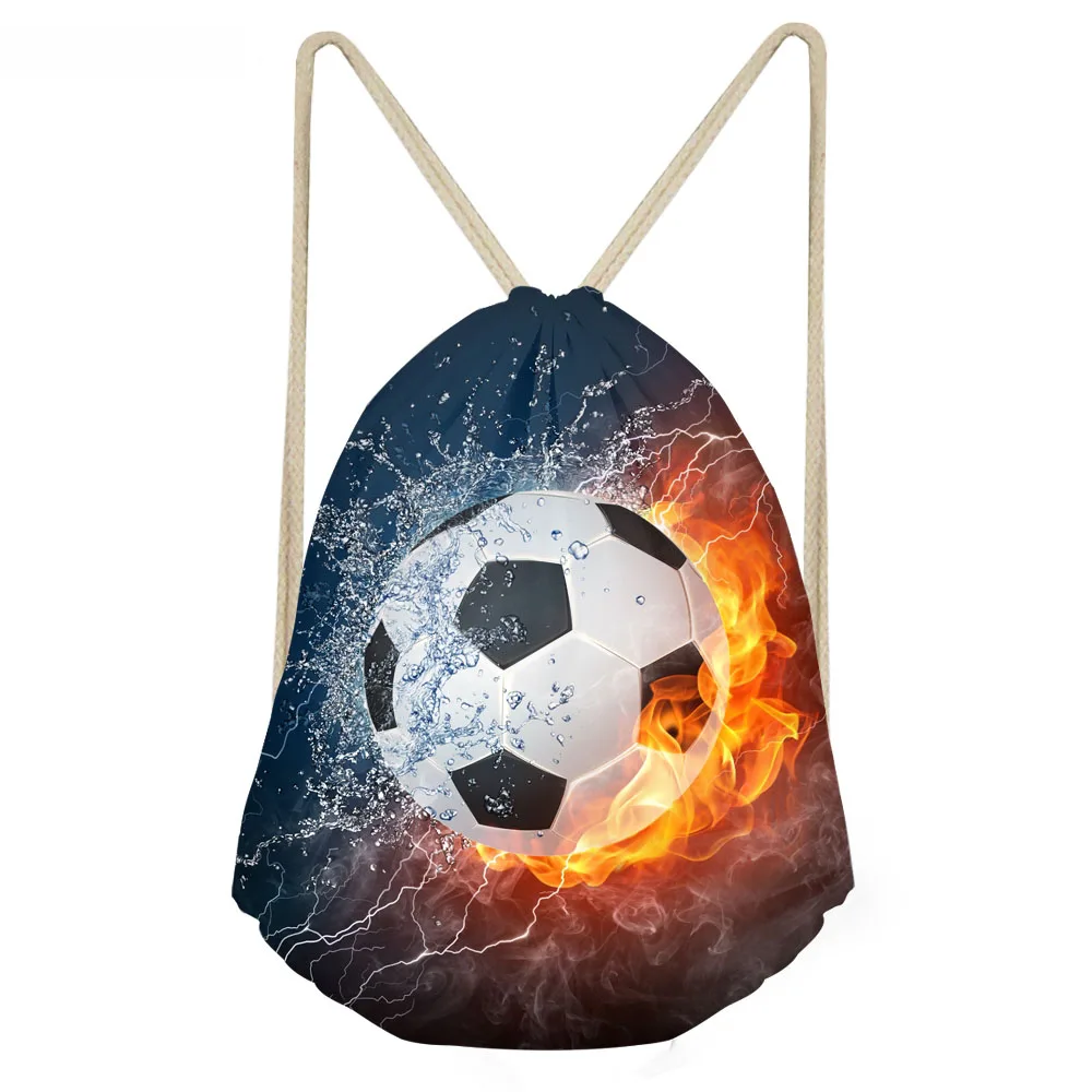 

Casual 3D Ice and Fire Soccerly Ball Printed Men Drawstrings Bags Softback Storage Backpacks Beach Bag for Teen Boys