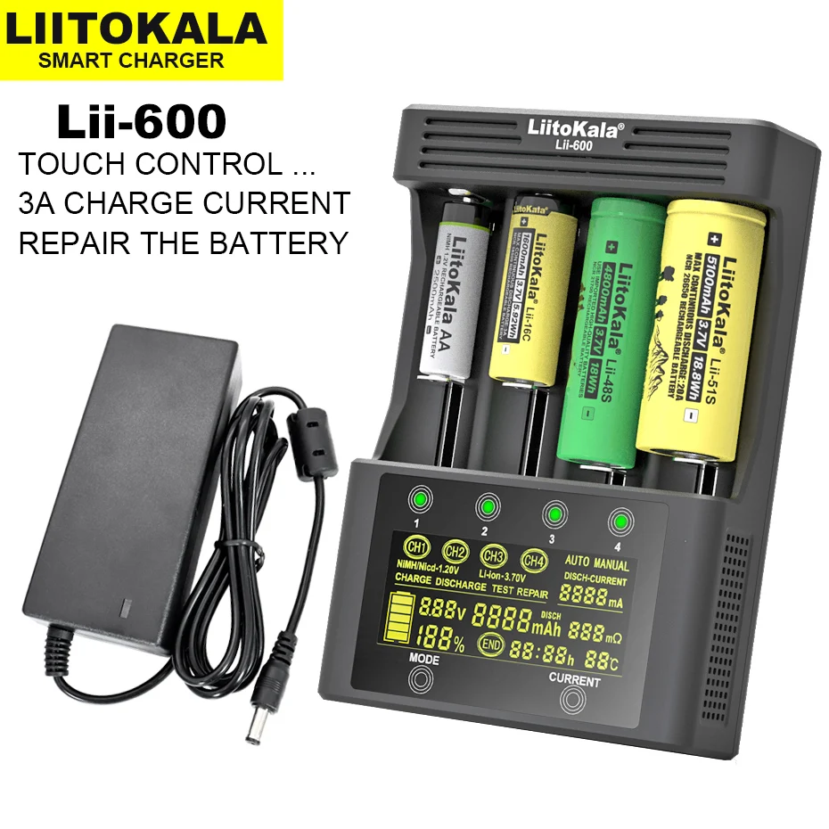 LiitoKala Lii-600 Batteria Caricabatteria Per Li-Ion 3.7V e NiMH 1.2V batteria Adatto per 18650 26650 21700 26700 AA AAA E altri