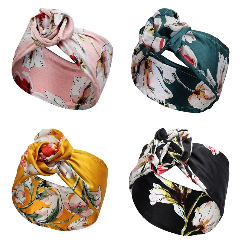 Lystrfac Fashion Print Adjustable Knot Headband for Women Girls Wide Turban Hairband Female Headwrap Hair Accessories