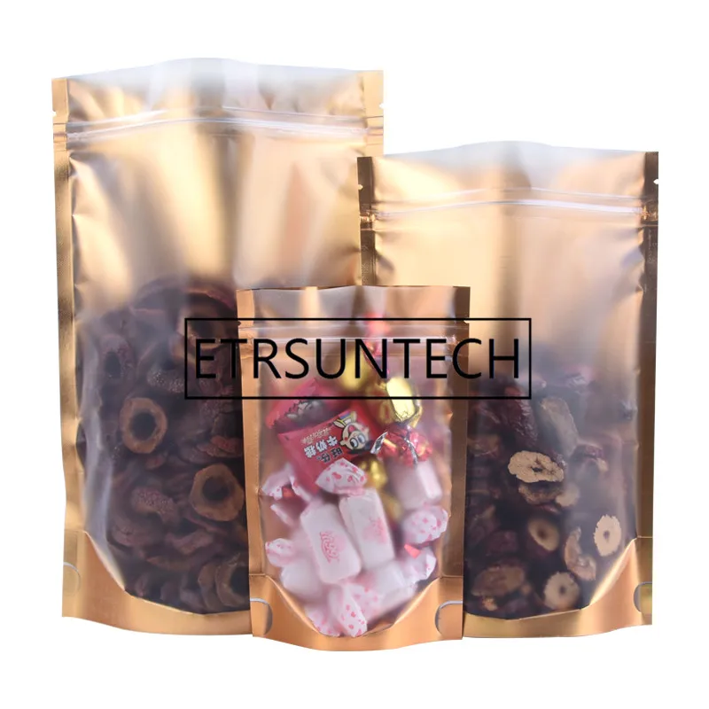 1000Pcs/Lot Stand up Gold Aluminum Foil Ziplock Bag One-side Clear Metallic Plastic Packaging Pouch for Food Tea Candy Cookie