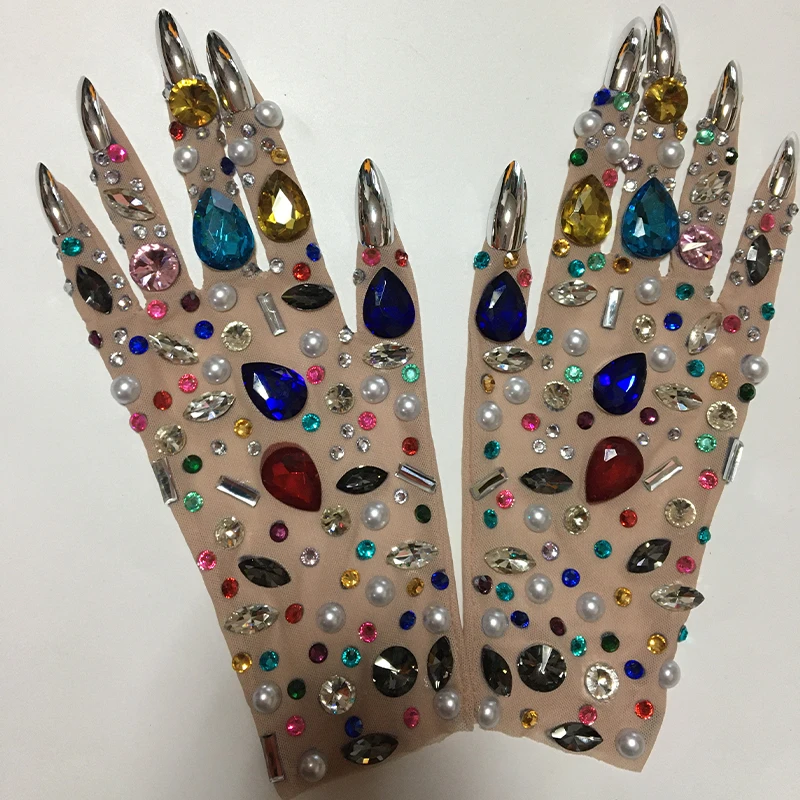 Luxurious Colorful Rhinestone Mesh Gloves Shining Crystal Short Gloves Nightclub Party Outfit Stage Performance Show Accessories