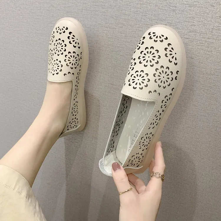 Spring Women Flats Shoes Women Genuine Leather Shoes Woman Cutout Loafers Slip On Ballet Flats Ballerines Flats