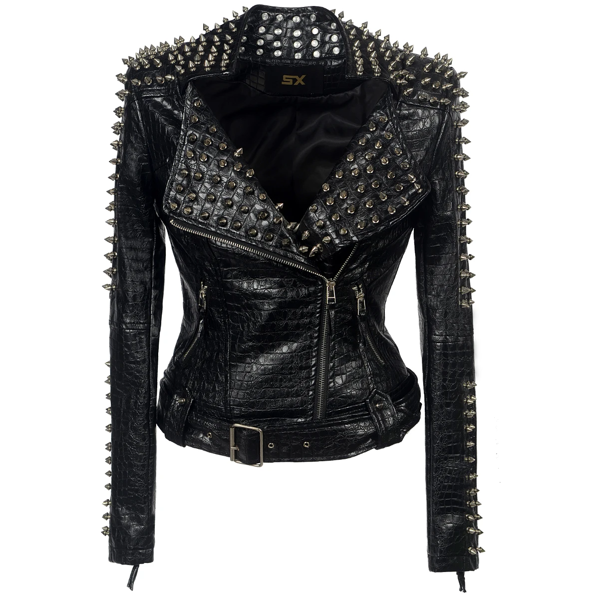 2020 New Women\'s PU Punk Stud Snake Stripe Jacket Fashion Slim Zipper Coat Rivet Casual Faux Leather Motorcycle Outerwear