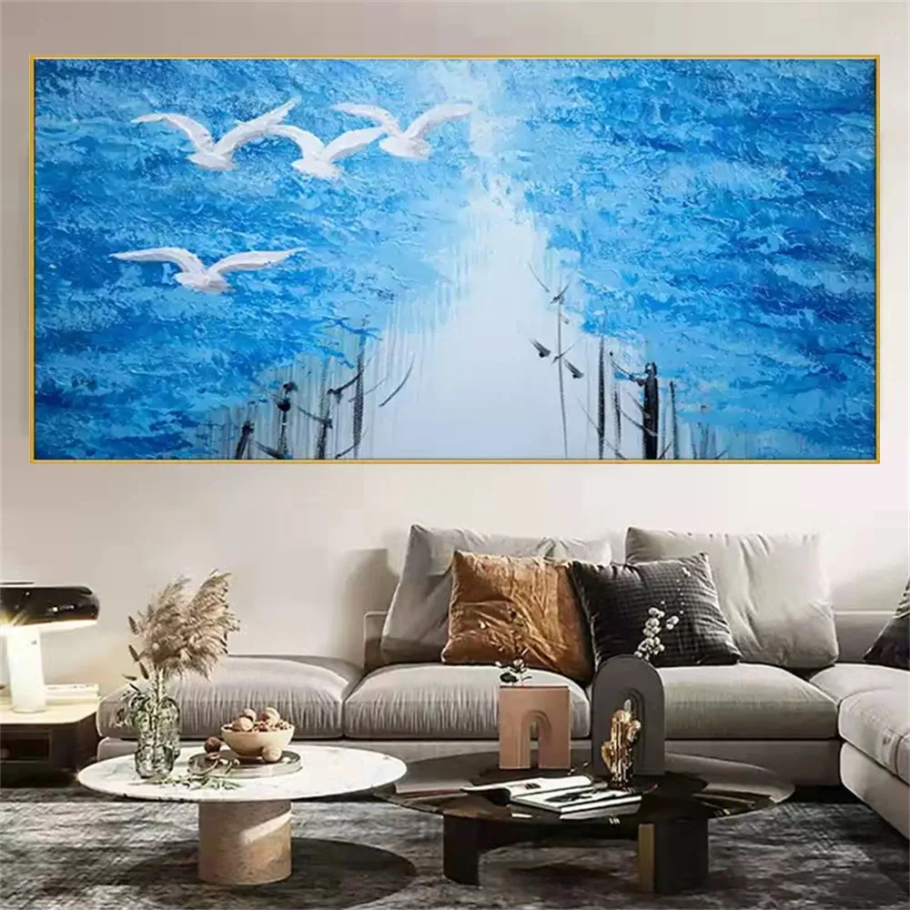 Handmade Beautiful Oil Paintings Abstract Blue In Sky Seagull Suspension Bridge Canvas Wall Painting Modern Living Room Decor