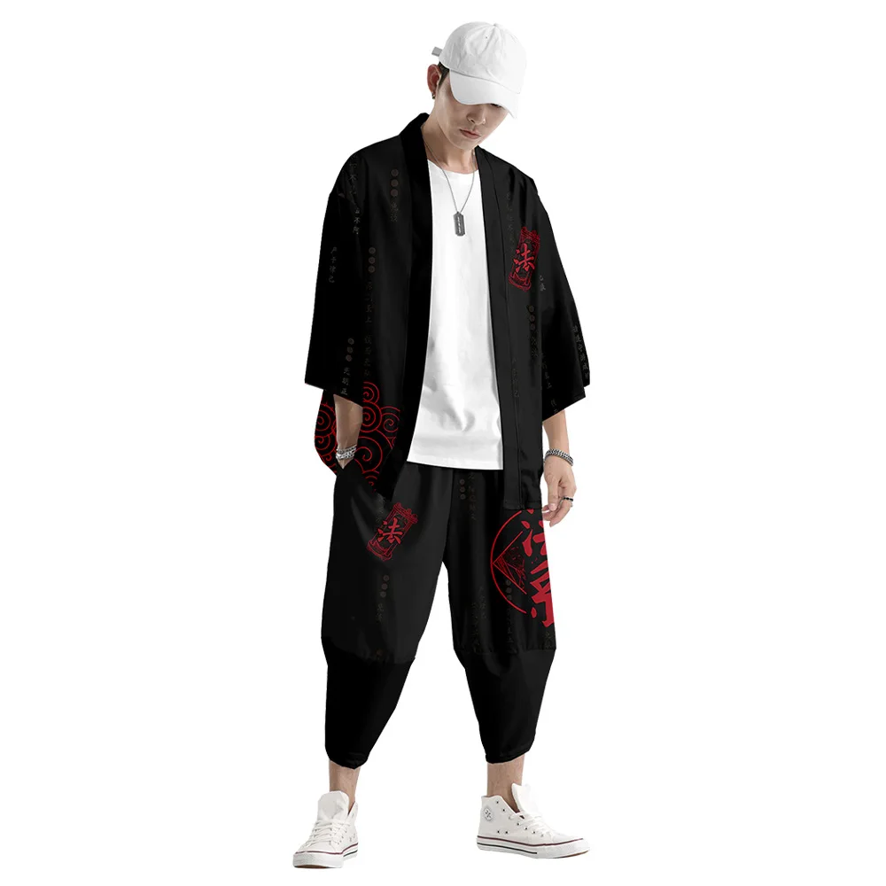 Traditional Black Print Kimono Jacket And Pant Suit Tops Japanese Samurai Clothing Male High-quality Lounge Streetwear