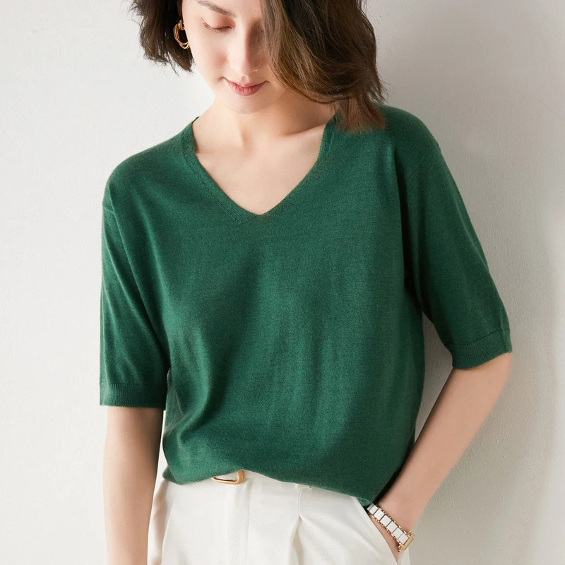 Summer V-neck Pullover cashmere sweater fashion Pullover Sweater knitted cashmere T-shirt short sleeve sweater