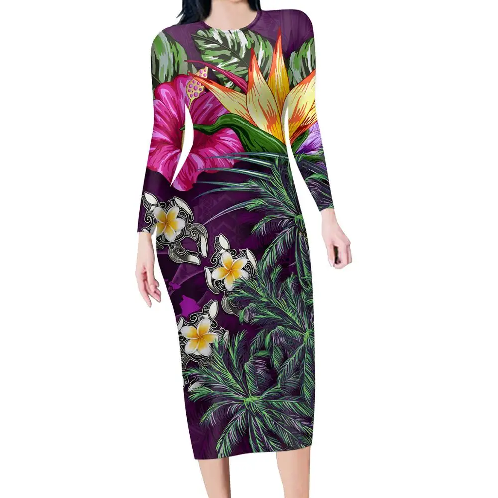 HYCOOL Women's Casual Long Sleeve O-Neck Bodycon Dress Stylish Midi Dress Slim Fit Polynesian Floral Summer New 2022