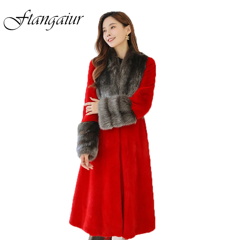 Ftangaiur New Winter Import Purple Label Velvet Mink Fur Coat With Sable Collar Sleeve Red Women X-Long Real Mink Fur Coats