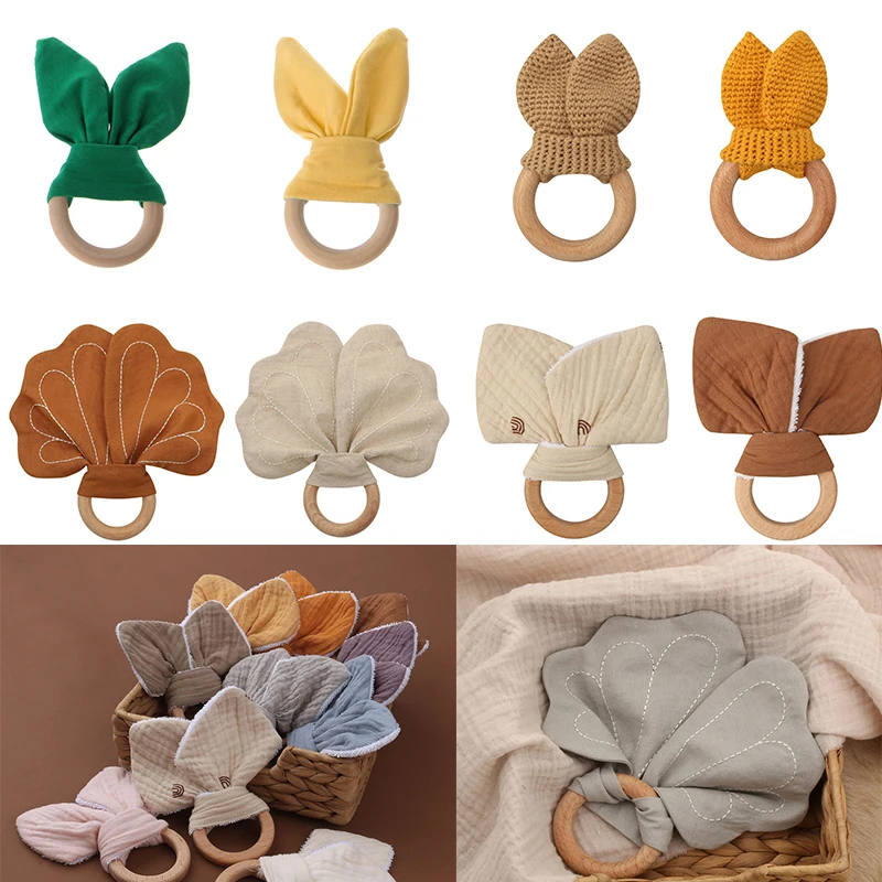 

Baby Wooden Ring Teether Soft Cotton Rabbit Ear Comforting Toy Teething Sensory Rattle Shower Gift for Infants Newborn