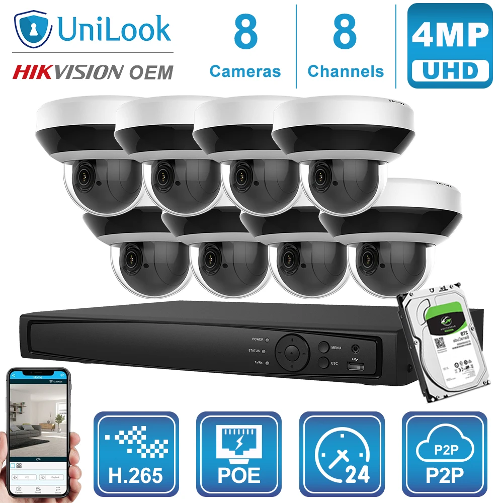 Unilook OEM CCTV System 8CH NVR with 4/6/8Pcs 4MP 4X Zoom POE PTZ IP Camera Outdoor CCTV Video Surveillance NVR kit H.265