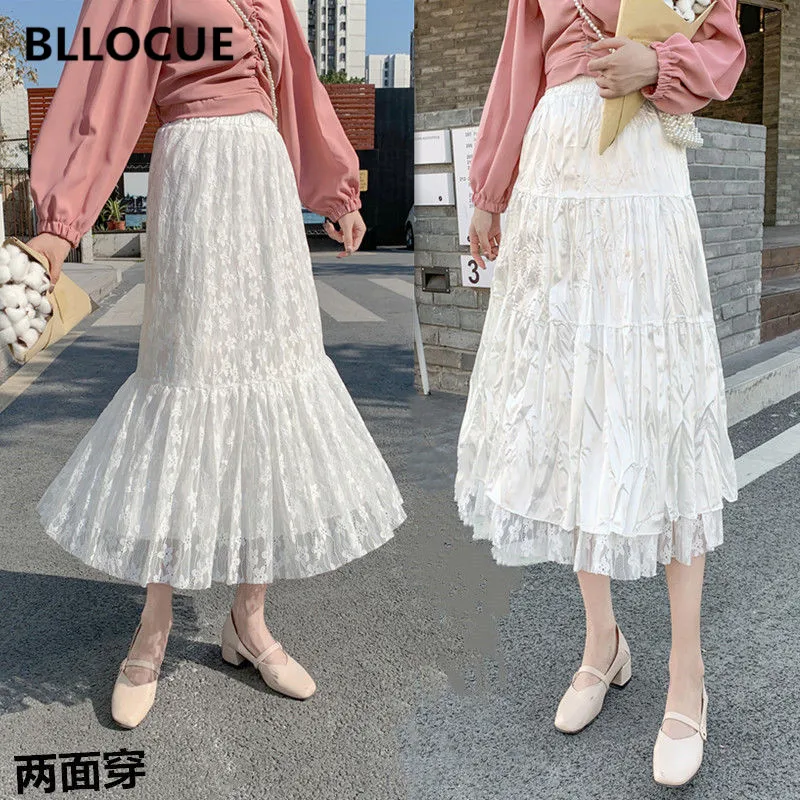 

BLLOCUE Designer Runway Skirt 2020 Summer Women new elastic Waist Hollow Lace Midi Skirt Stitching Shiny Skirt