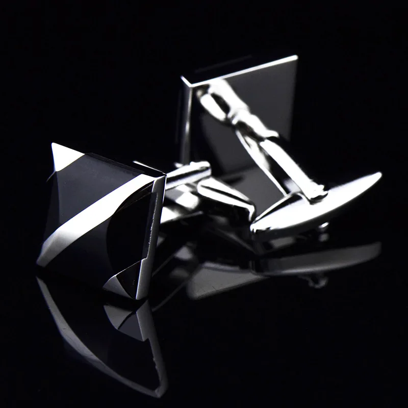 JHSL Brand Trendy Fashion Jewelry Silver Color Metal with Black Stone Square Luxury Shirts Cufflinks for Men Father Gift