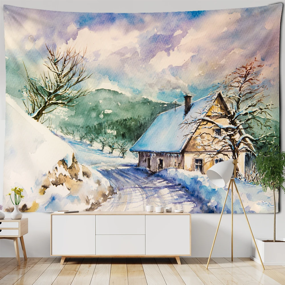 Forest Snow Scenery Tapestry Wall Hanging Christmas Day Gift New Year Hippie Tapiz Witchcraft Landscape Room Home Decor