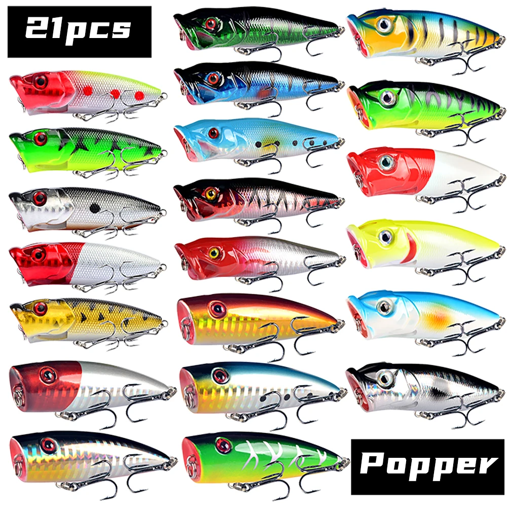 New 21pcs/set Fishing Lures Mixed 4 Model Topwater Popper Bait  Artificial Make Good Plastic Wobbler Fishing Tackle Wholesale