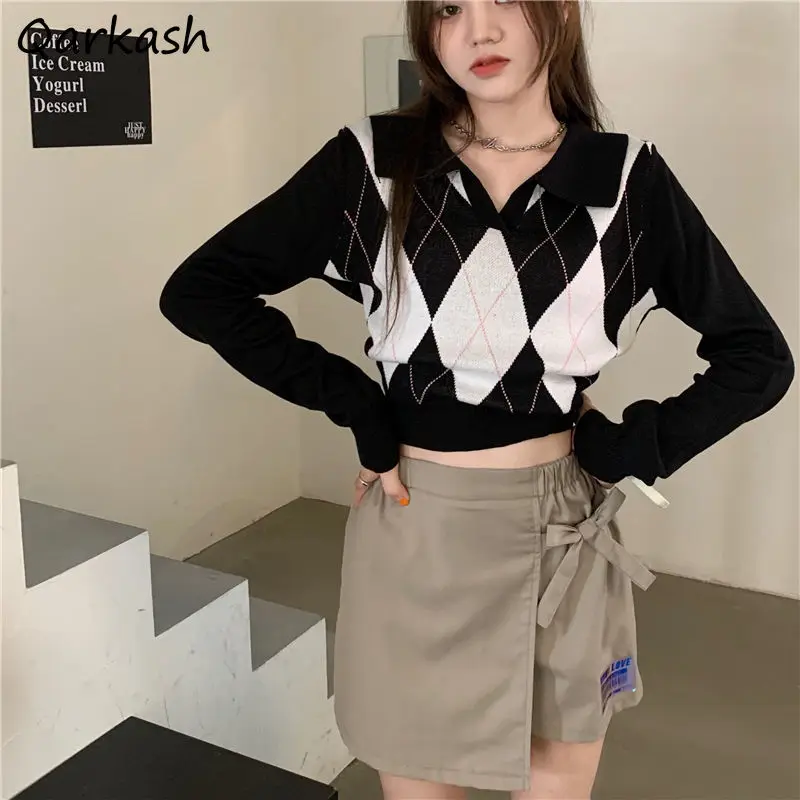 

Pullovers Women Argyle Cropped 3 Colors Design Sweater Teens Classic Stylish Vintage Harajuku Tender Prevalent Y2K Ins Fashion