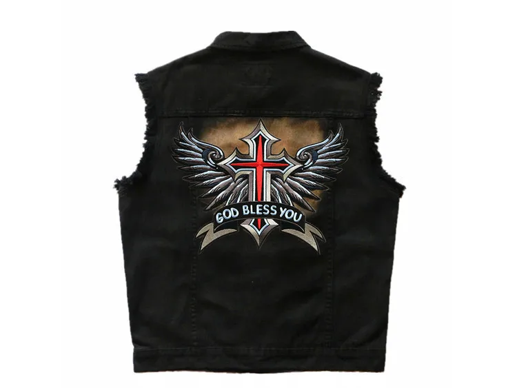 

Cross Wing Men's Embroidery Black Punk Denim Vest Metal Badge Big Patch Motorcycle Biker Waistcoat Vintage Sleeveless Jacket