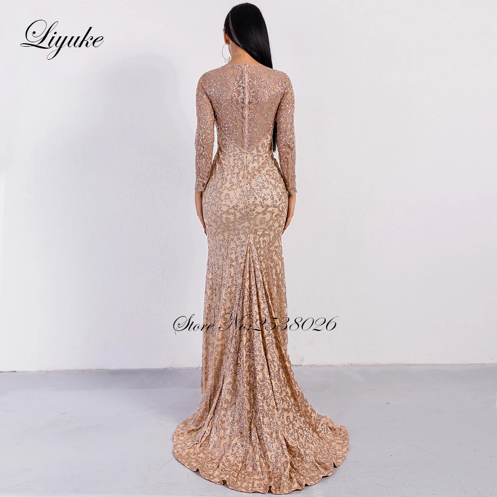 Liyuke Sliver Granule Pattern Mermaid Evening Dress Sparkle Full Sleeve Custom Made Floor-Length Formal Dress