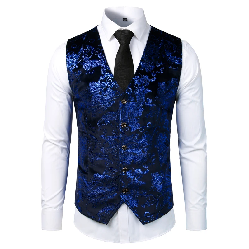 Gold Steampunk Vest Men Suit Gilet Homme Wedding Sleeveless Slim Fit Paisley Floral Dress Vests For Men Single Buttons Waistcoat