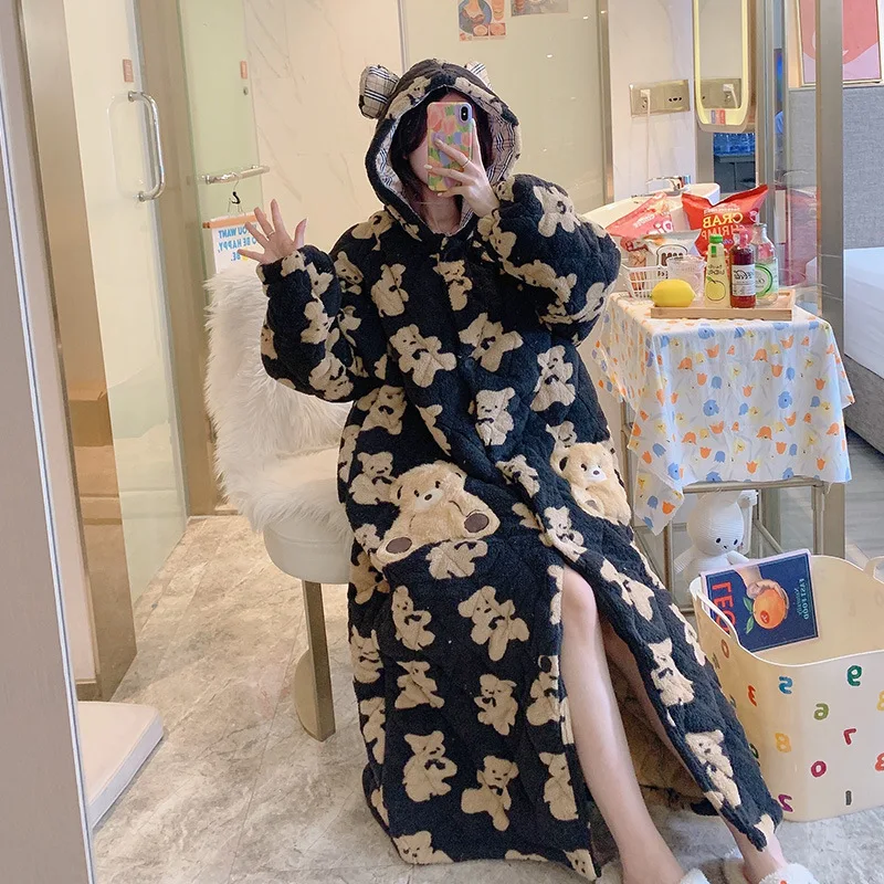 Women 2021 Winter New Flannel Robe Three layers Thick Nightwear Hooded Keep Warm Sleepwear Coral Velvet Casual Home Clothes