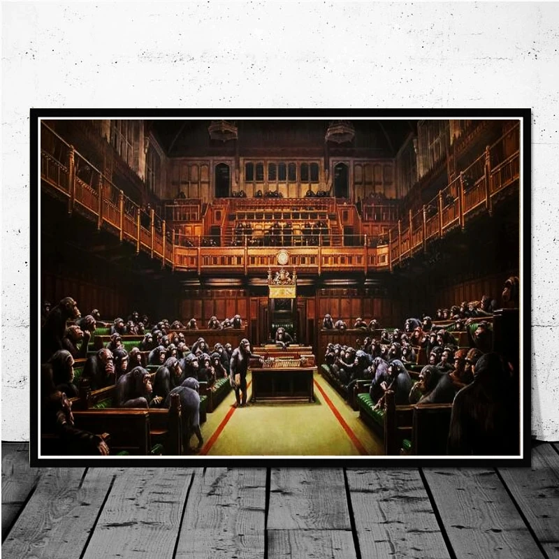 

Banksy Art Devolved Parliament Canvas Posters And Prints Monkey Meeting Street Art Paintings Animals Art Pictures Home Decor