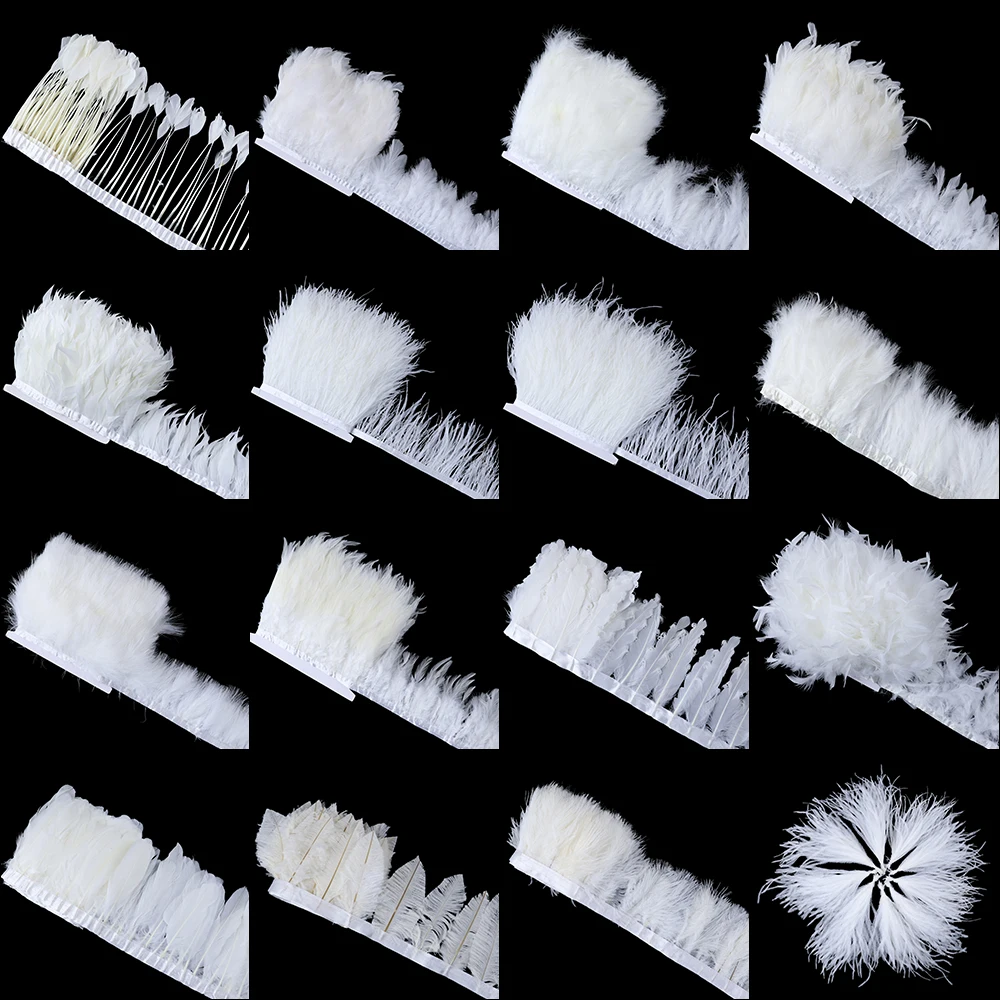 1yard Natural White feather Trimming Ostrich Chicken Turkey Feather Fringe Wedding Dress decoration Crafts Plume