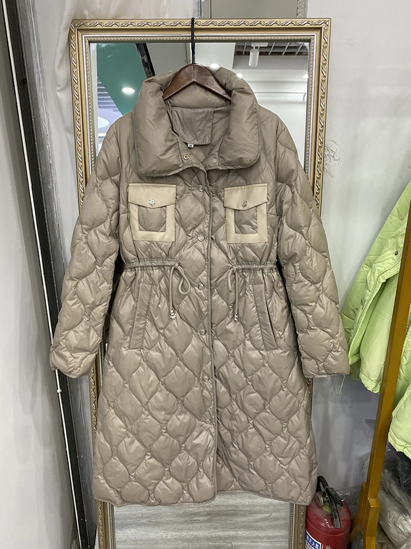 2024 Winter Ultra Licht 90% Weiße Ente Unten Mantel Frauen Lange Einreiher Parkas Weibliche Dünne Warme Taille Puffer Jacken