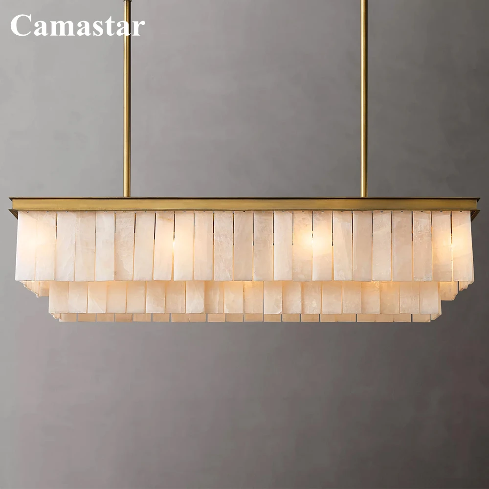 Glace Calcite Rectangular Chandelier LED White Marble Hanging Chandelier Lighting Modern Double-tier Marble Lamp for Dining Room