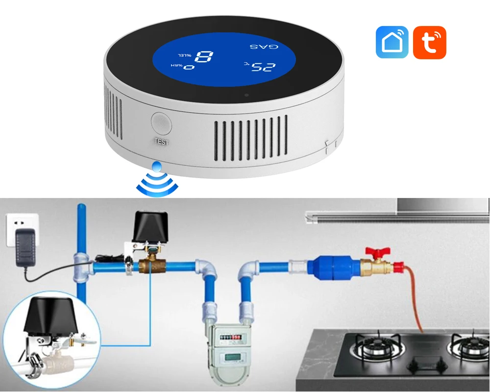 Tuya Wifi Smart LPG Natural Gas Alarm Combustible Gas Leak Detector LCD Display Smart Life App Message Push Auto Close Valve