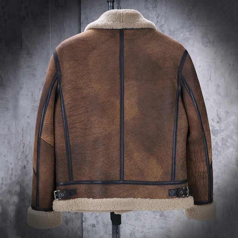 New Shearling Coat Mens B3 Bomber Jacket Lapel Fur Coat Brown Leather Jacket Short Mens Winter Coats