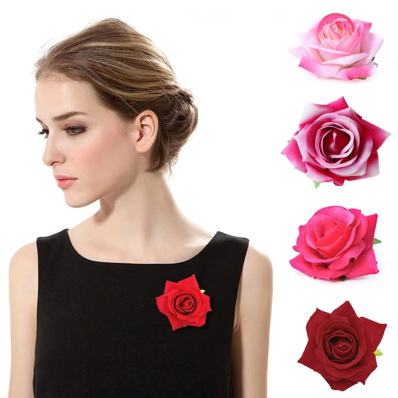 Women Velvet Cloth Rose Hair Clip Simulation Artificial Flower Corsage Brooch Pin Wedding Party Flamenco Dancer Hair Accessories