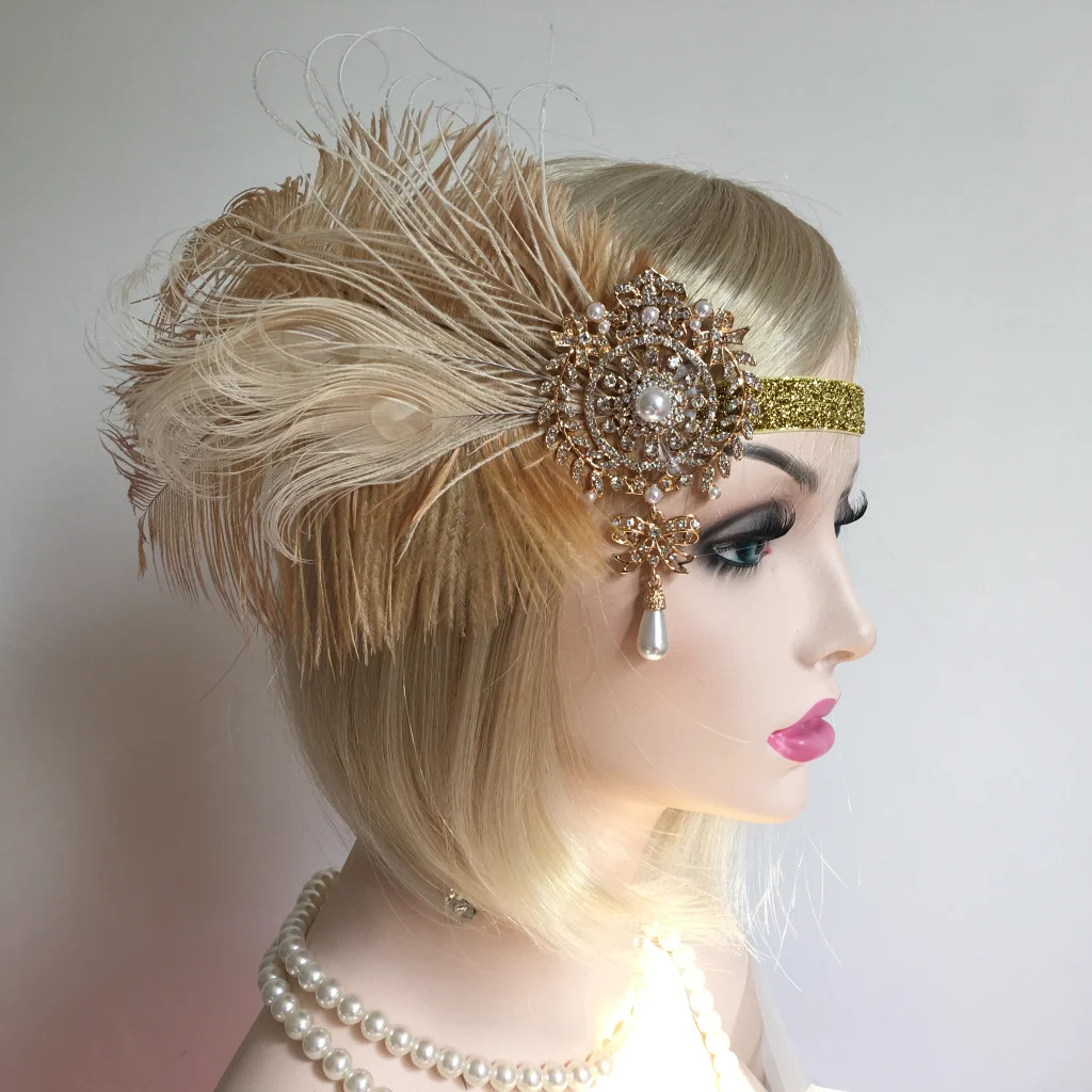 Charleston Feather Headpiece White Rhinestone Pearls 1920s Vintage Great Gatsby for Woman Elegant Party Hair Accessories 2021