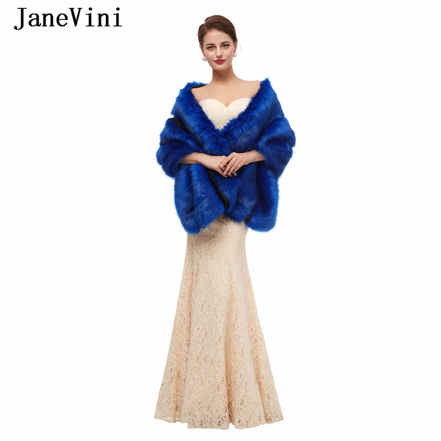 

JaneVini Elegant Royal Blue Women Capelet Faux Fur Wrap Shawl Winter Wedding Coats Outerwear Big Bridal Cloak Bolero Accessories