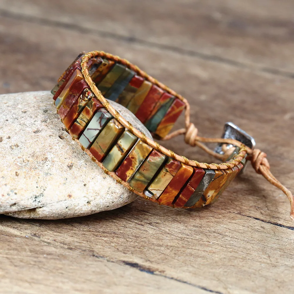 Women Men Tube Shape Picasso Stone Leather Boho Bracelet Natural Stones Charm Strands Wrap Bracelets Handmade Jewelry