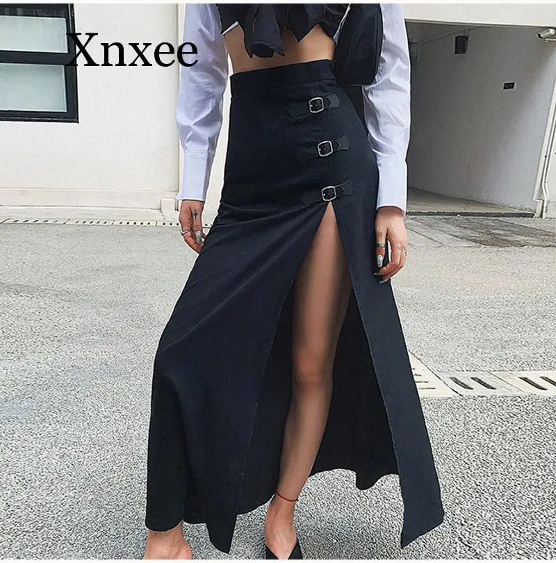 Punk Black Sexy High Slit Skirt Long Black Gothic Punk Autumn High Waist Side Split Full Clothes Zipper 2020 Streetwear Women