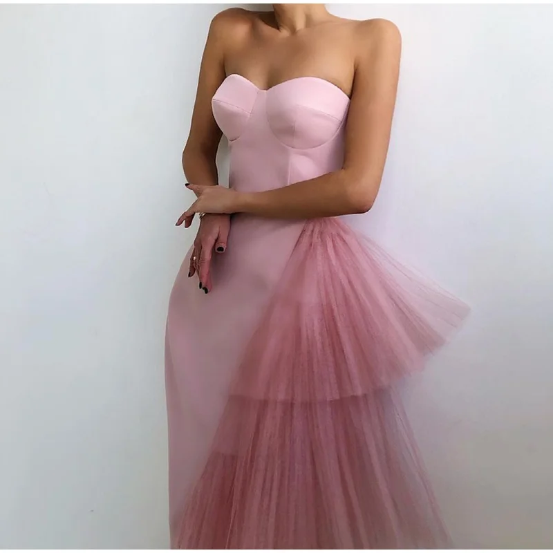 Vestido de noche sin mangas de corazón moderno, Organza estratificada hasta el tobillo, para fiesta, suave, negro/colorete, rosa, vestidos de noche formales de satén, 2021