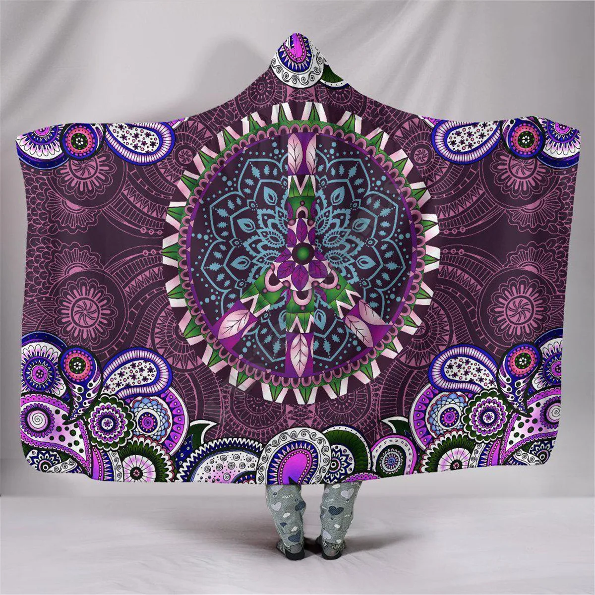 

Floral Peace Mandala 3d printed Hooded Blanket Adult colorful child Sherpa Fleece Wearable Blanket Microfiber Bedding