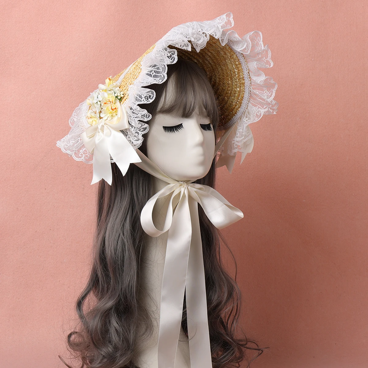 Lace Lolita Straw Hat Flat Hat Bonnet Victorian Headpiece Elegant Tea Party Pastoral Sun Hat