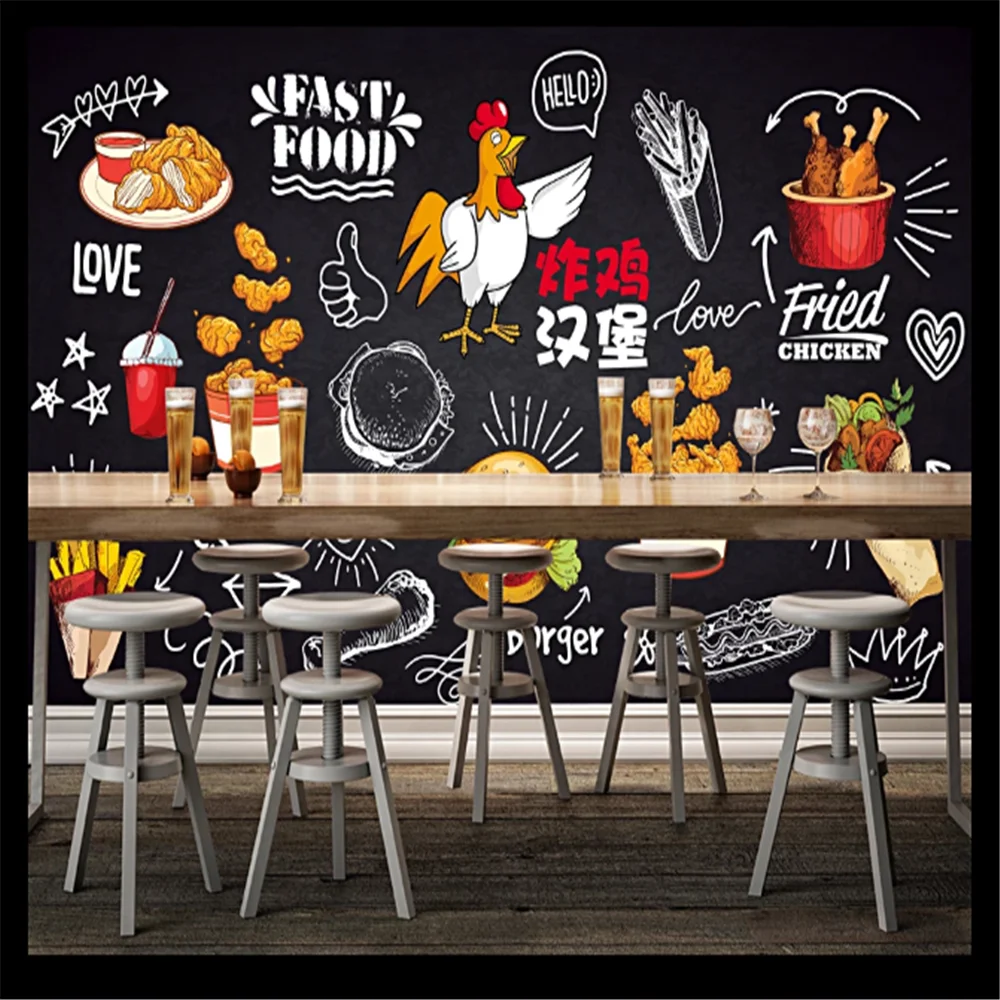 

Milofi custom mural wallpaper wall blackboard hand-painted fried chicken burger dining gourmet fast food fries background wall