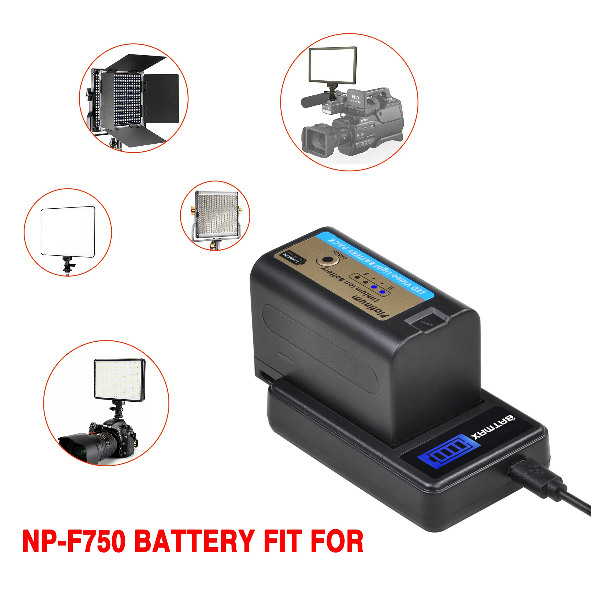Batmax NP-F750 NP-F770 F750 แบตเตอรี่ไฟLED + LCD USB ChargerสำหรับLED YN300Air II YN300 III YN600 L132T