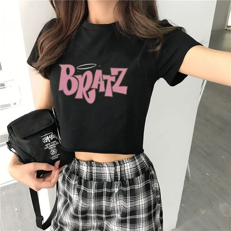 

Women T-shirt y2k Vintage Short Sleeve E-girl goth T-shirt Harajuku black kawaii Women Tee BRATZ letter Print Summer crop top