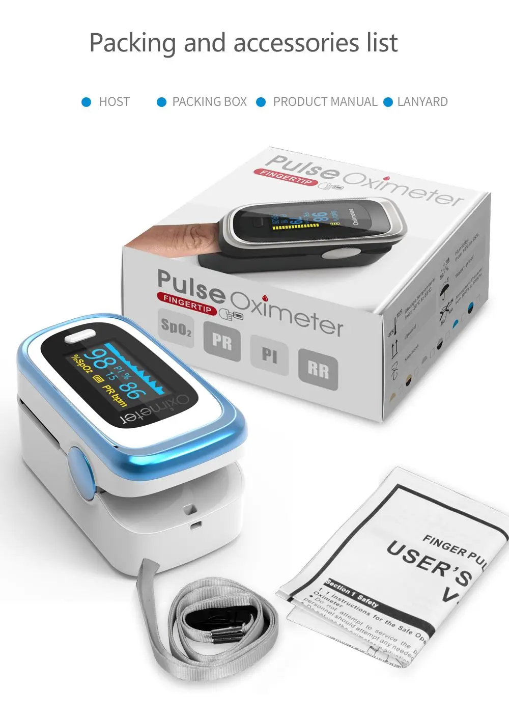 Kiuzou Medical Finger Pulse Fingertip Oled Portable Oximeter SPO2 PR 8 hours sleep monitor Blood Oxygen Oximetro De Dedo case