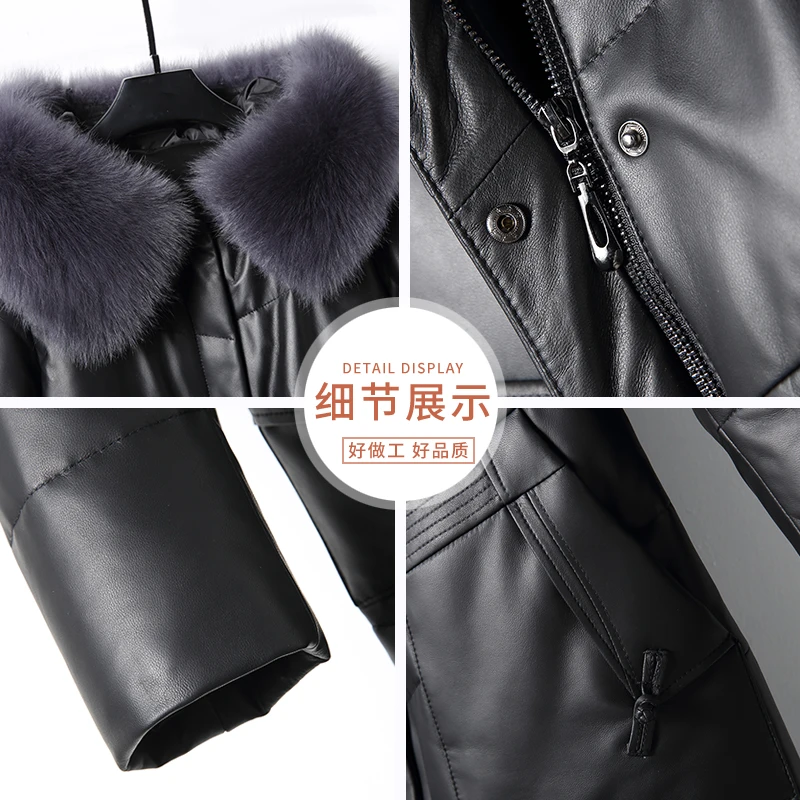 Winter Women\'s 90% White Duck Down Jacket Long 100% Leather Jacket Female Hooded Fox Fur Woman Clothes Monteau Femme WPY4688