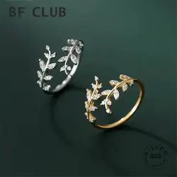 Real 925 Sterling Silver Zircon Leaves Adjustable Ring For Charming Women Minimalist Fine Jewelry Punk Accessories