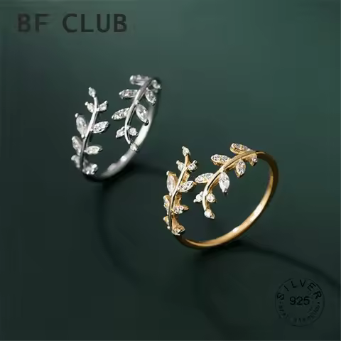 Real 925 Sterling Silver Zircon Leaves Adjustable Ring For Charming Women Minimalist Fine Jewelry Punk Accessories