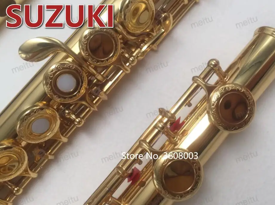 

Flute SUZUKI Intermediate Gold Plated Flute Professional Engraved Floral Mouthpiece Designs C Key Flutes 17 Holes Open Holes