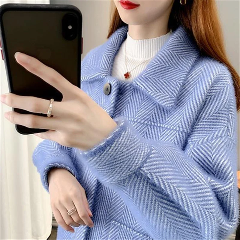 Korean Autumn Winter Thick Striped Mink Cashmere Woolen Coat Women Student Outerwear Loose Short Big Pocket Woolen Jacket Female