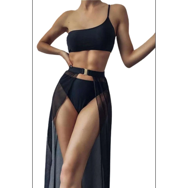 Womens Sexy Summer 3 Piece Bikini Set Solid Color One Shoulder Tube Top Triangle Bottom Swimsuit with Slit Mesh Maxi Skirt 