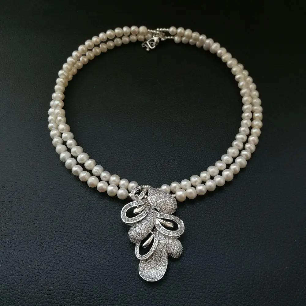 

attractive 18'' 2 Strands 7-8MM White Freshwater Pearl Choke Necklace Zircon Pendant