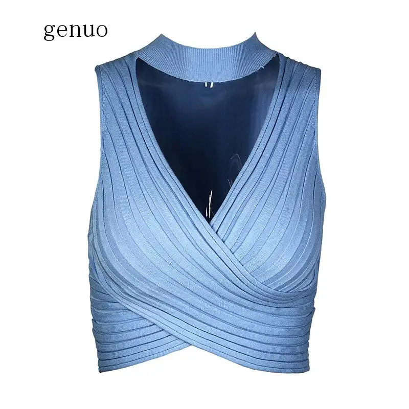 Sleeveless High Neck Pullover Criss Cross Wrap Sweater Vest Women Sexy Cut Out Ribbed Knit Crop Top Vests