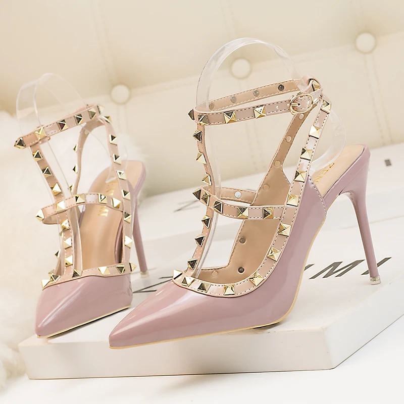 Women's Shoes Rivets Sandals Female Summer 10CM Thick With Fine With High-heeled Shoes Pointed Stiletto Sexy Nightclub Shoes